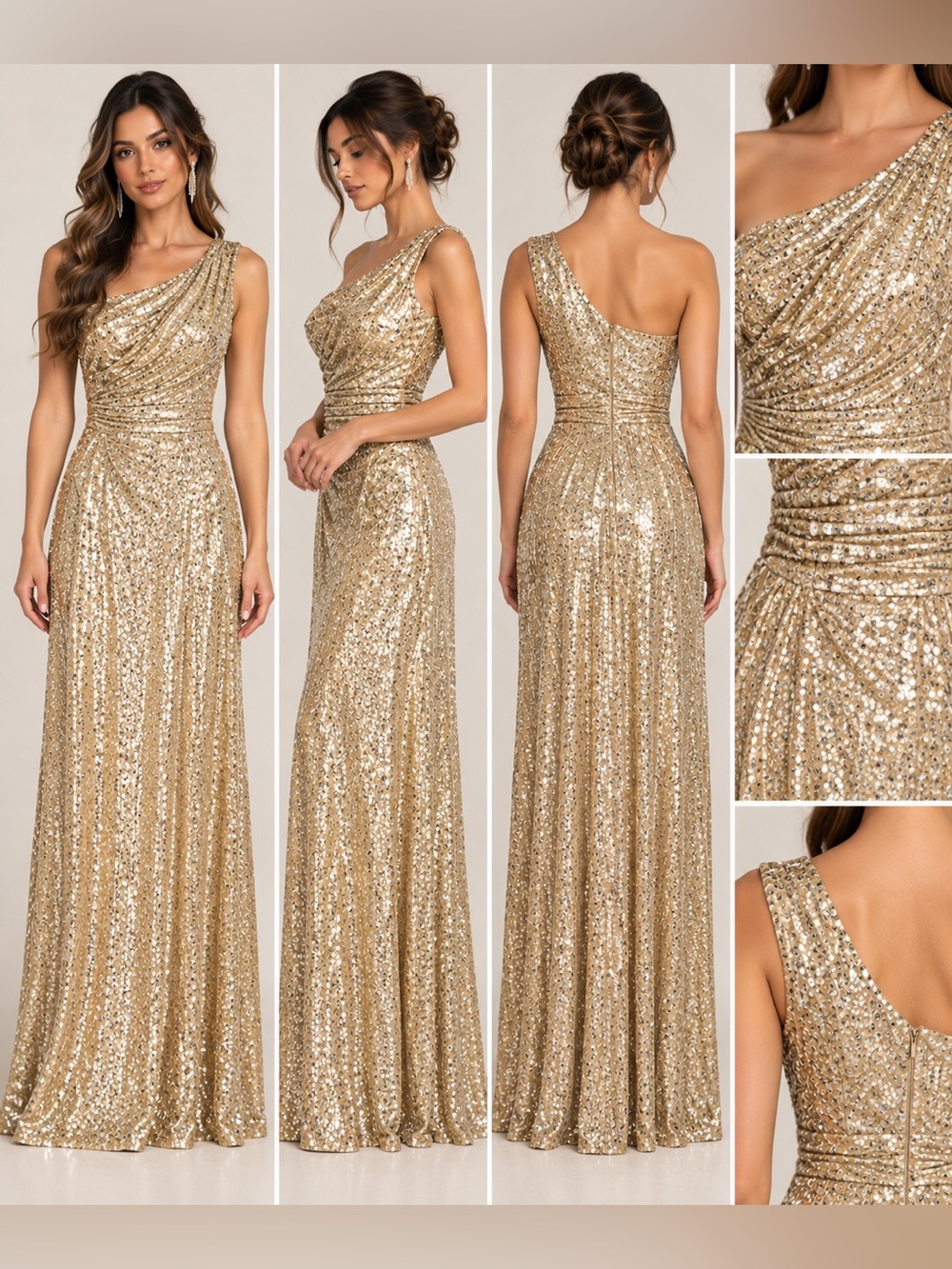 NWT Gold Sequin One Shoulder Formal Maxi Gown Dress Size 4
